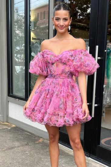 Printed Ruffled Short Homecoming Dress with Ballon Sleeves and Sheer Corset Bodice
