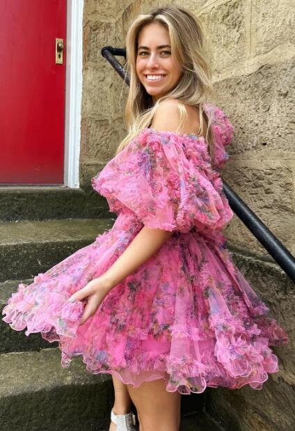 Printed Ruffled Short Homecoming Dress with Ballon Sleeves and Sheer Corset Bodice