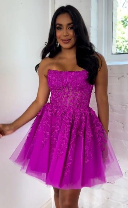 Strapless Leaf Lace Homecoming Dress with Sheer Corset Bodice