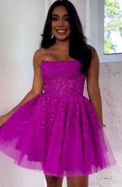 Strapless Leaf Lace Homecoming Dress with Sheer Corset Bodice