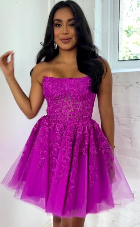 Strapless Leaf Lace Homecoming Dress with Sheer Corset Bodice