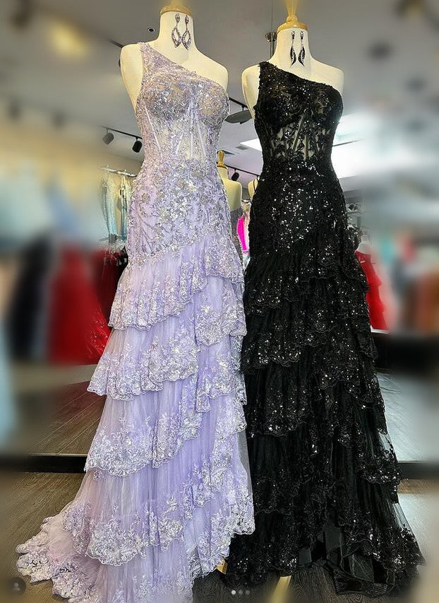One Shoulder Tulle Sequin Mermaid Prom Dress with Sheer Corset Bodice and Ruffle Skirt
