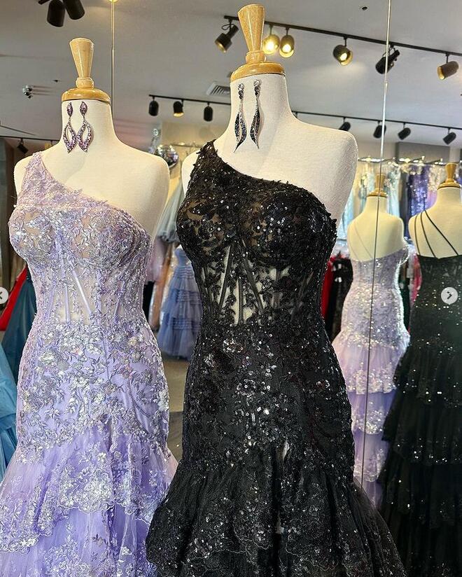 One Shoulder Tulle Sequin Mermaid Prom Dress with Sheer Corset Bodice and Ruffle Skirt