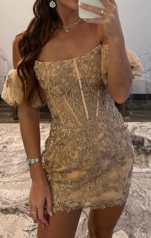 Strapless Leaf Lace Homecoming Dress with Ballon Sleeves