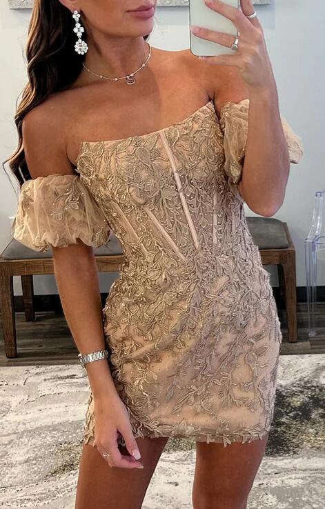 Strapless Leaf Lace Homecoming Dress with Ballon Sleeves