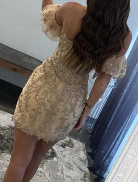 Strapless Leaf Lace Homecoming Dress with Ballon Sleeves