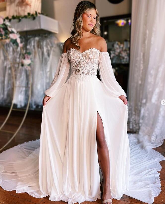 Strapless Chiffon A-line Wedding Dress with Lace Bodice