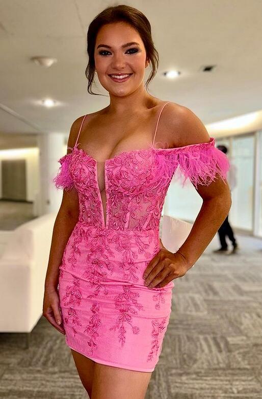 feather homecoming dresses Sparkly A-Line V Neck Pink Dress with Feathers PD520 Custom Size / Pink See plus Black Halter Beaded Backless Homecoming