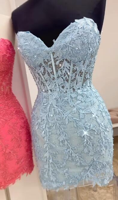 Leaf Lace Fitted Cocktail Dress, Sweetheart Neckline Homecoming Dress with Pearl