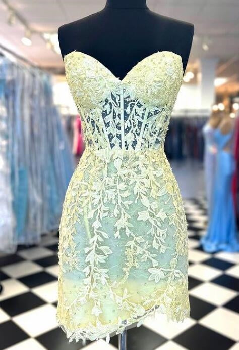 Leaf Lace Fitted Cocktail Dress, Sweetheart Neckline Homecoming Dress with Pearl