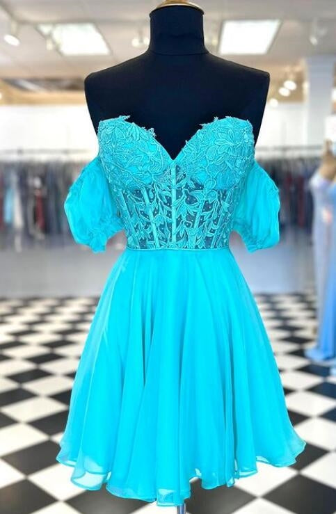Royal Blue Strapless Chiffon Homecoming Dress with Lace Corset Top and  Detachable Balloon Sleeves DTH196