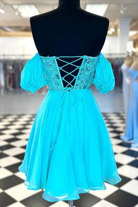 Strapless Chiffon Homecoming Dress with Lace Corset Top and Detachable Balloon Sleeves