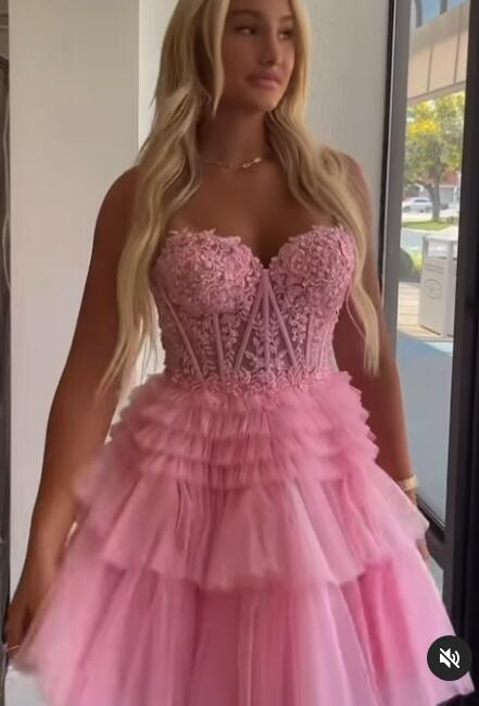Strapless Sheer Lace Corset Homecoming Dress with Ruffle Tulle Skirt