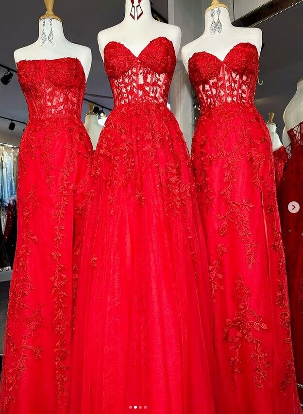 2024 Red Strapless Leaf Lace Prom Dress with Sheer Corset Bodice