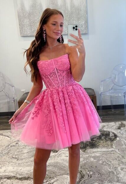 Strapless Leaf Lace Homecoming Dress with Sheer Corset Bodice