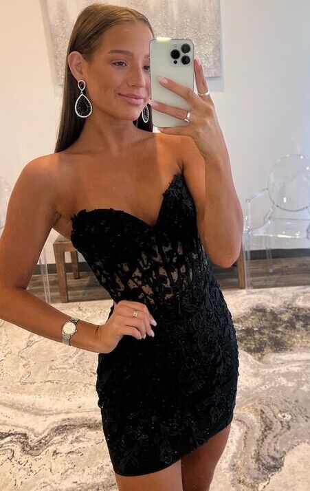 Strapless Black Leaf Lace Fitted Homecoming Dress with Sheer Corset Bodice