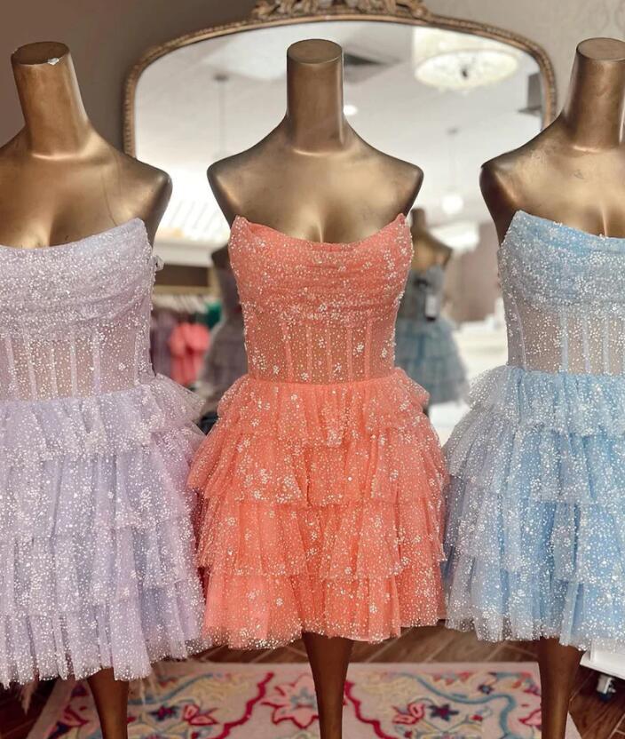 Strapless Ruffle Homecoming Dress,Cocktail Dress with Sequin