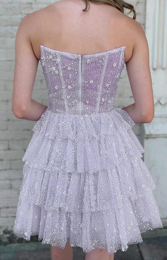 Strapless Ruffle Homecoming Dress,Cocktail Dress with Sequin