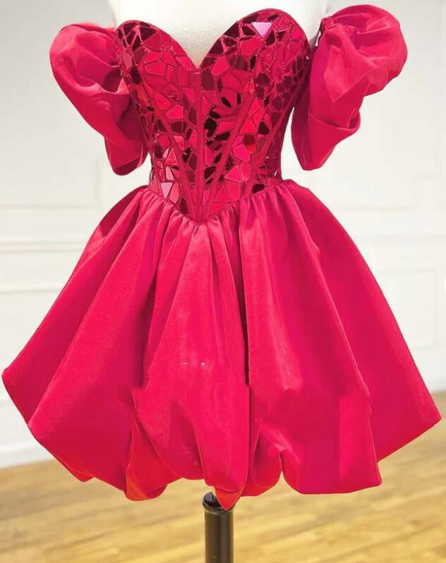 Sweetheart Neckline Cut Glass Embellished Homecoming Dress with Pleated Taffeta Skirt and Puffy Sleeves