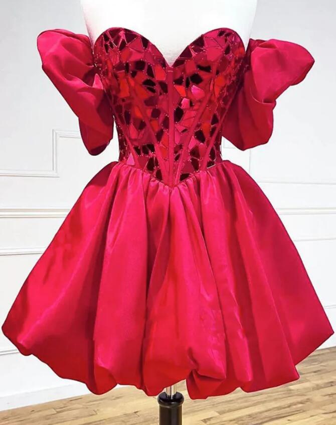 Sweetheart Neckline Cut Glass Embellished Homecoming Dress with Pleated Taffeta Skirt and Puffy Sleeves