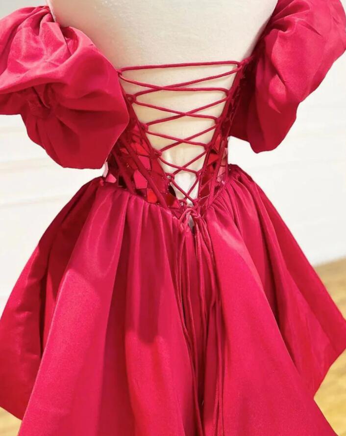 Sweetheart Neckline Cut Glass Embellished Homecoming Dress with Pleated Taffeta Skirt and Puffy Sleeves
