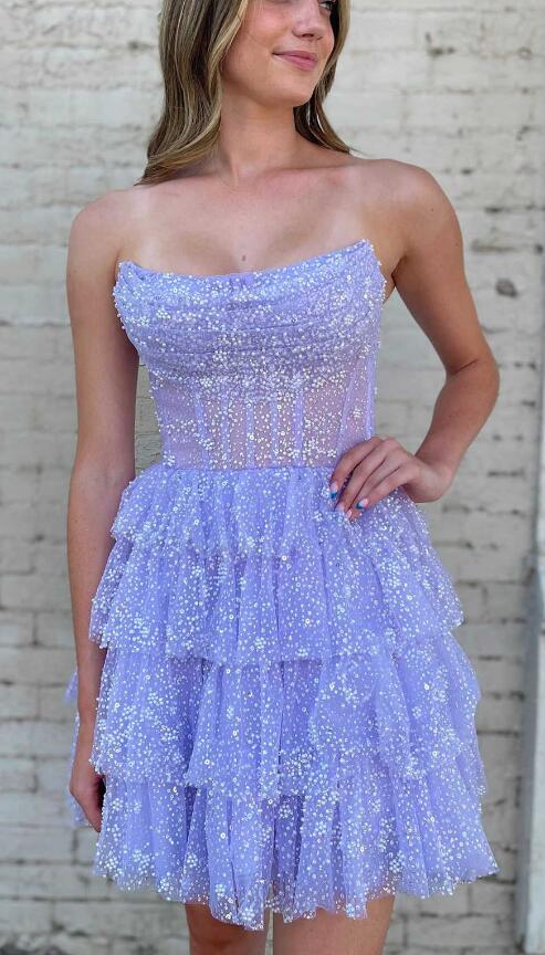 Strapless Ruffle Homecoming Dress,Cocktail Dress with Sequin
