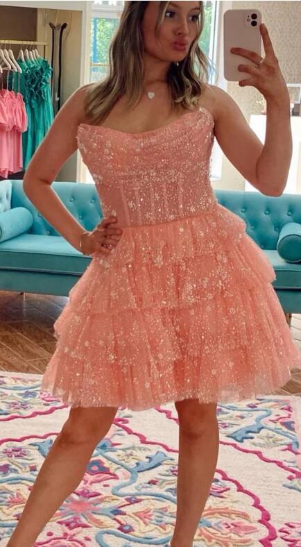 Strapless Ruffle Homecoming Dress,Cocktail Dress with Sequin