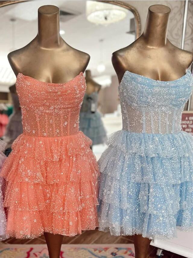 Strapless Ruffle Homecoming Dress,Cocktail Dress with Sequin