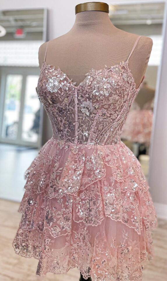 Tulle Sequin A-Line Homecoming dress with Sheer Corset Bodice and Ruffle Skirt