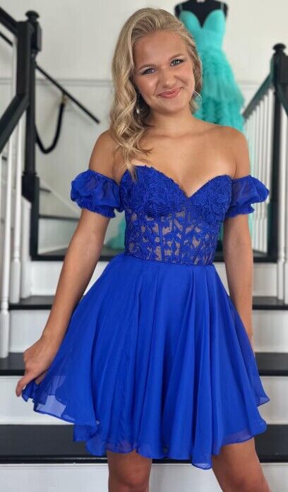 Royal Blue Strapless Chiffon Homecoming Dress with Lace Corset Top and Detachable Balloon Sleeves DTH196
