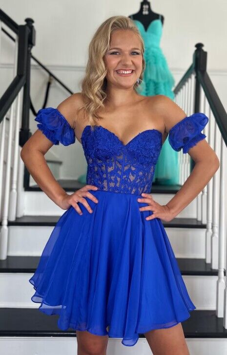 Royal Blue Strapless Chiffon Homecoming Dress with Lace Corset Top and Detachable Balloon Sleeves DTH196