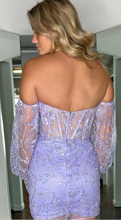 Strapless Lilac Lace Homecoming Dress with Detachable Sleeves DTH189