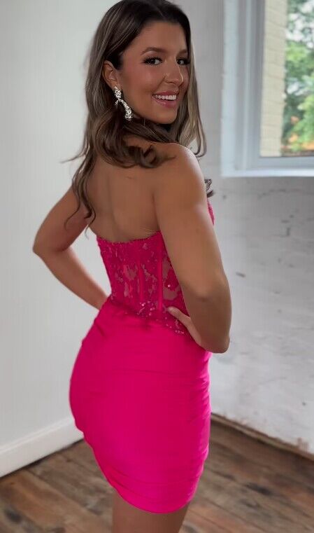 Fitted Homecoming Dress with Sheer Lace Corset Top and Fitted Ruched Jersey Skirt