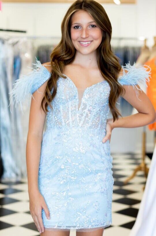 Off the Shoulder Lace Homecoming Dress with Feather Off the Shoulder Lace Homecoming Dress with Feather