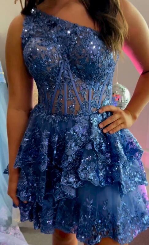 Tulle Sequin A-Line Homecoming dress with Sheer Corset Bodice and Ruffle Skirt