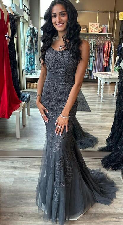 Black Straps Leaf Lace Mermaid Long Prom Dress