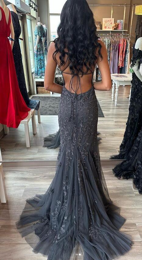 Black Straps Leaf Lace Mermaid Long Prom Dress