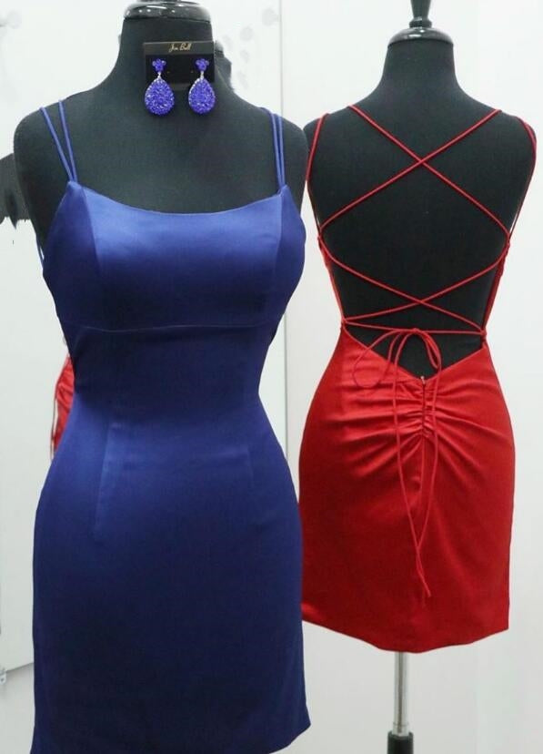 Stretch Satin Fitted Homecoming Dress with Strappy Lace up Back