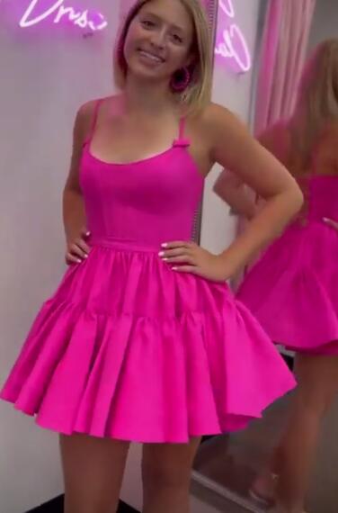 A-Line Hot Pink Straps Tiered Short Homecoming Dress