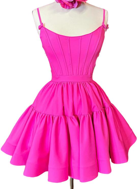 A-Line Hot Pink Straps Tiered Short Homecoming Dress