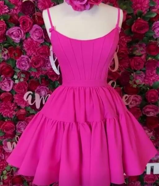 A-Line Hot Pink Straps Tiered Short Homecoming Dress