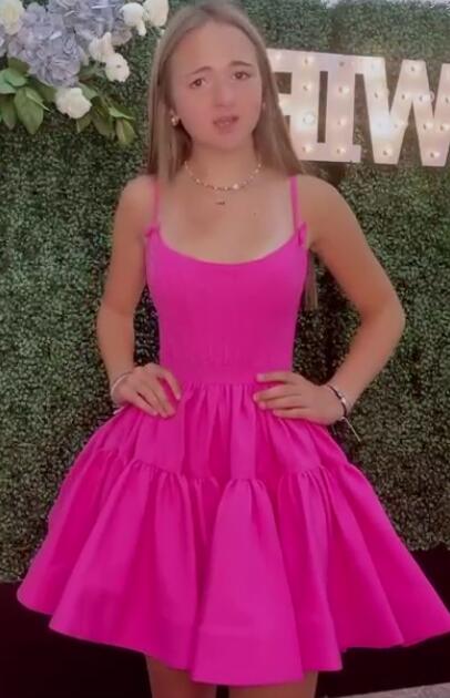 A-Line Hot Pink Straps Tiered Short Homecoming Dress