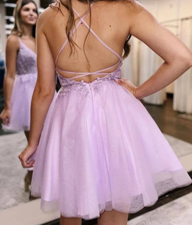 V-neck A-line Homecoming Dress with Lace-up Back DTH239