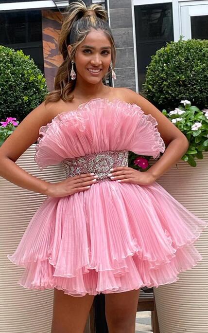 Organza Pleated Homecoming Dress with Ruffle Tiered Skirt and Beaded o DressesTailor Organza Pleated Homecoming Dress with Ruffle Tiered Skirt and Beaded o DressesTailor