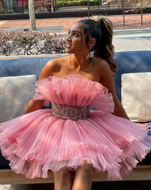 Organza Pleated Homecoming Dress with Ruffle Tiered Skirt and Beaded on Waistline