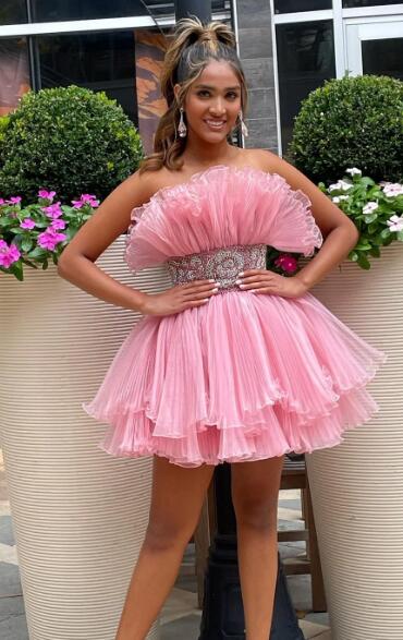 Organza Pleated Homecoming Dress with Ruffle Tiered Skirt and Beaded on Waistline