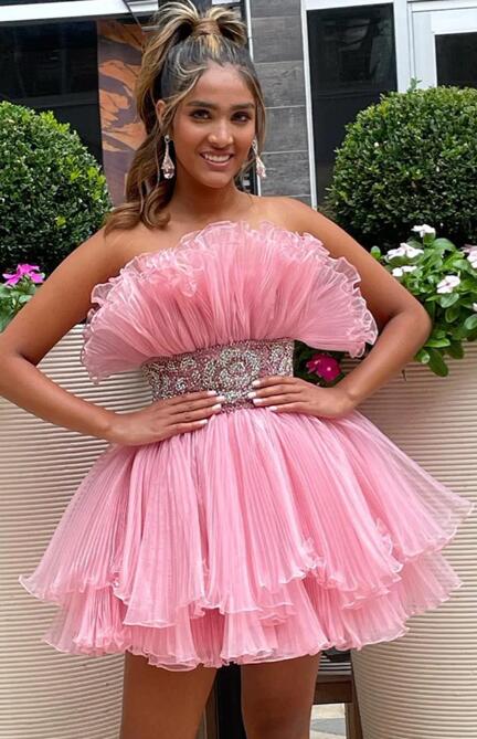 Organza Pleated Homecoming Dress with Ruffle Tiered Skirt and Beaded on Waistline