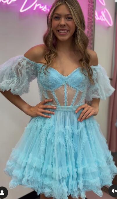 Tulle Homecoming Dress with Sheer Corset Bodice and Ruffle Embellishments