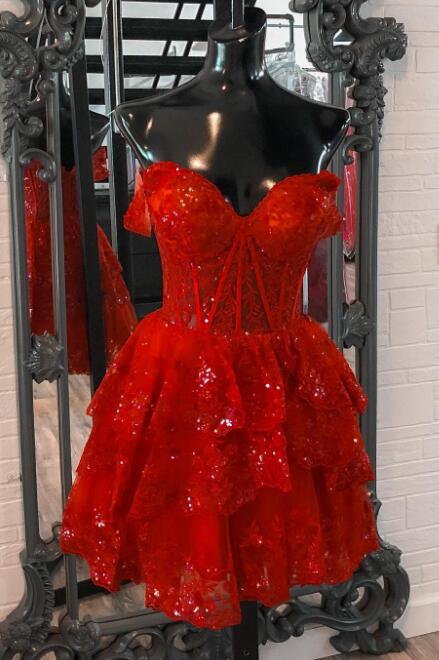 Tulle Sequin A-Line Homecoming dress with Sheer Corset Bodice and Ruffle Skirt
