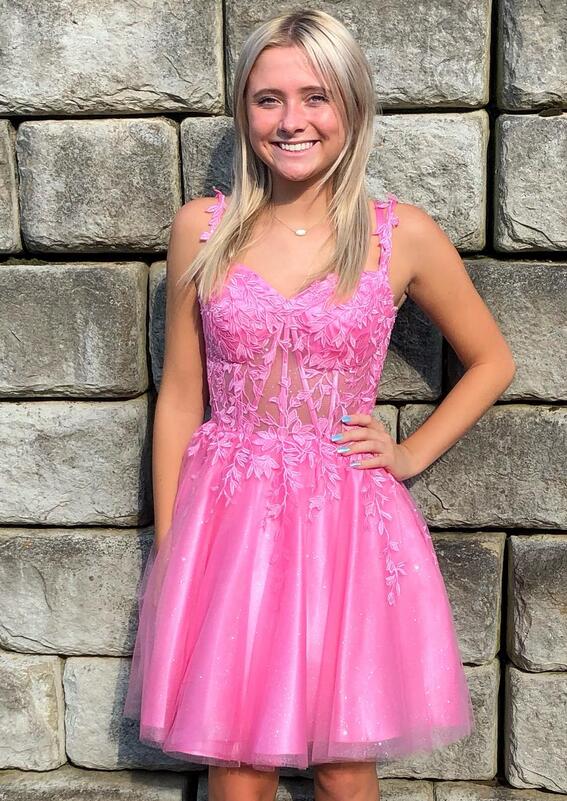 Leaf Lace Homecoming Dress with Sheer Corset Bodice
